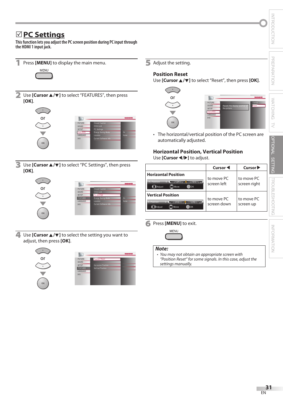 Pc settings, Position reset, Horizontal position, vertical position | Press [menu] to display the main menu, Adjust the setting, Use [cursor s / b ] to adjust, Press [menu] to exit | Philips Magnavox 42MF439B User Manual | Page 31 / 120