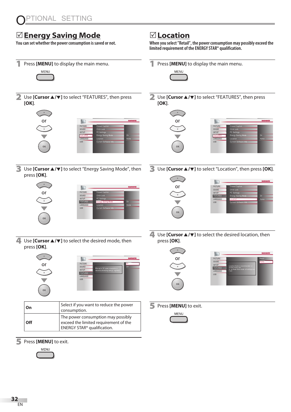 Ptional setting, Location, 5energy saving mode | Press [menu] to display the main menu, Press [menu] to exit | Philips Magnavox 42MF439B User Manual | Page 32 / 120