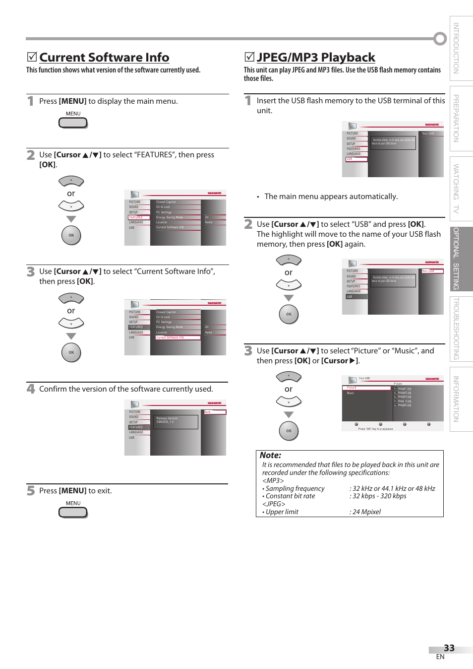 Current software info, 5jpeg/mp3 playback, Press [menu] to display the main menu | Confirm the version of the software currently used, Press [menu] to exit, The main menu appears automatically | Philips Magnavox 42MF439B User Manual | Page 33 / 120