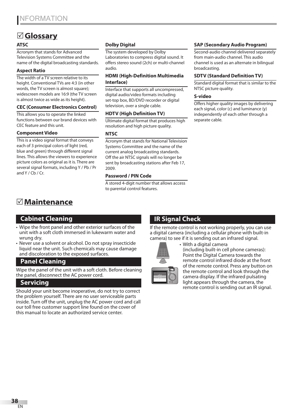 Nformation, Glossary 5 maintenance 5, Cabinet cleaning | Panel cleaning, Servicing, Ir signal check | Philips Magnavox 42MF439B User Manual | Page 38 / 120