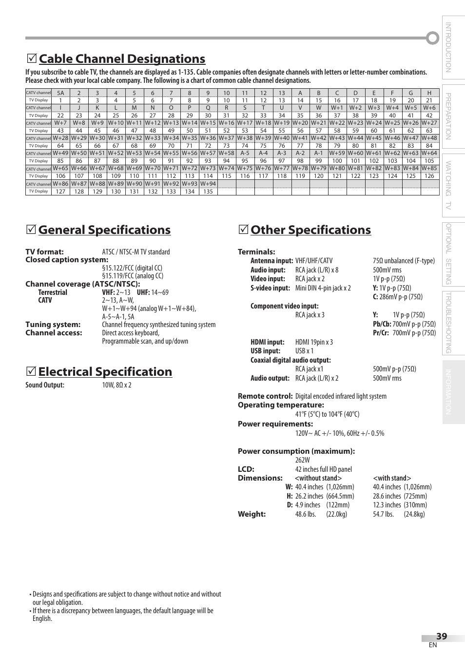 General specifications, Electrical specification, 5other specifications | Cable channel designations 5 | Philips Magnavox 42MF439B User Manual | Page 39 / 120