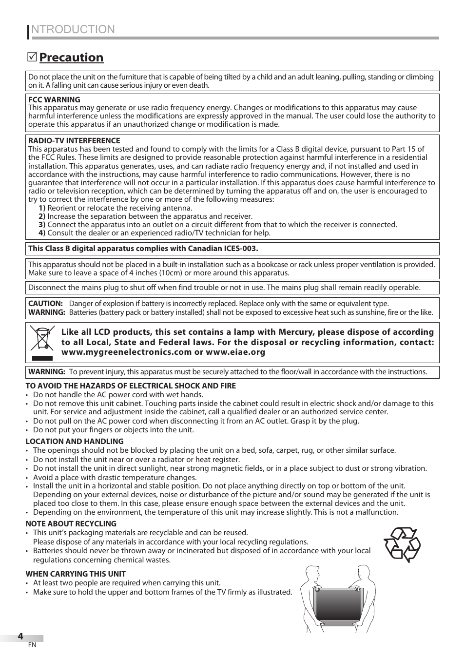 Ntroduction, Precaution 5 | Philips Magnavox 42MF439B User Manual | Page 4 / 120