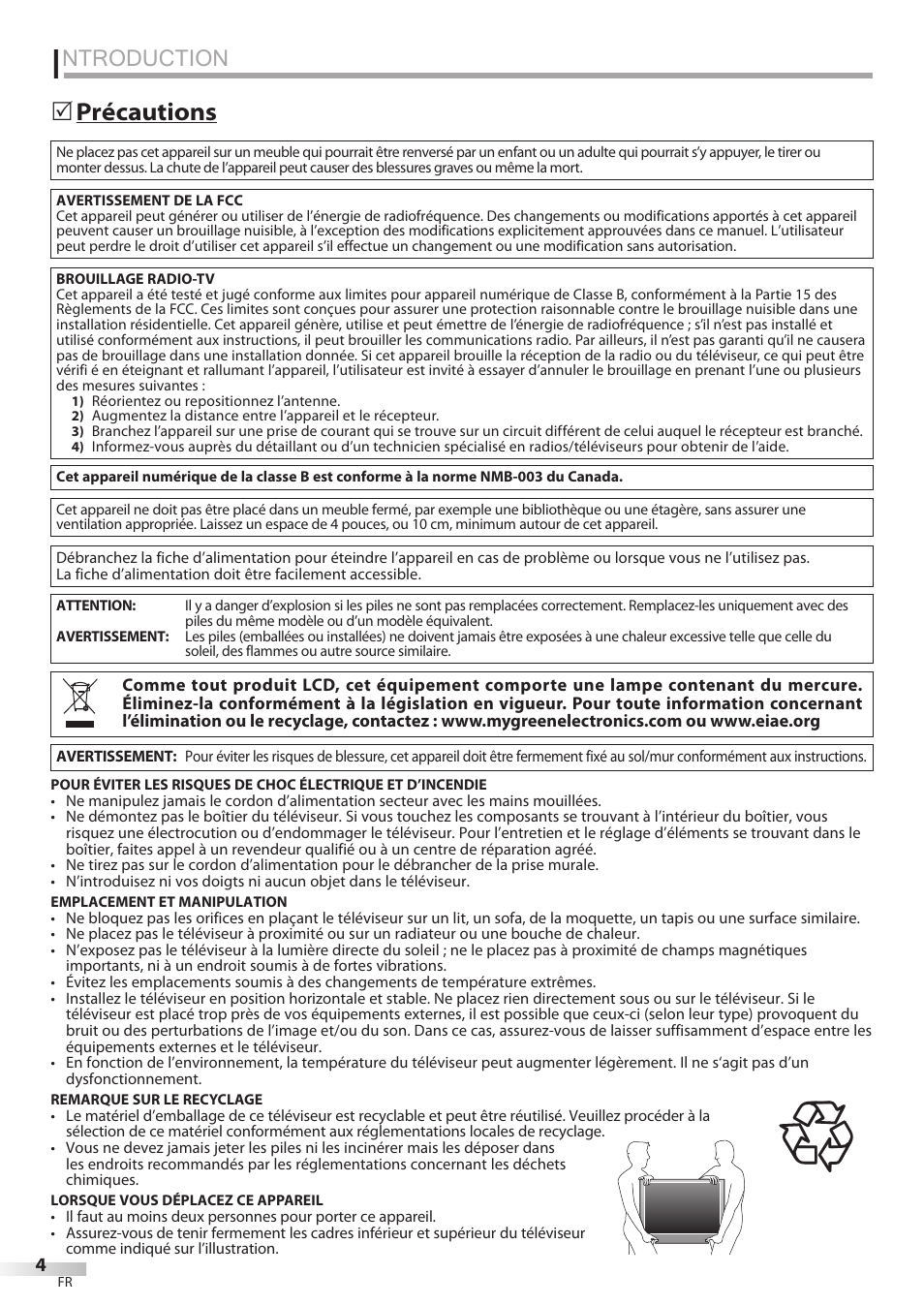 Ntroduction, Précautions 5 | Philips Magnavox 42MF439B User Manual | Page 44 / 120