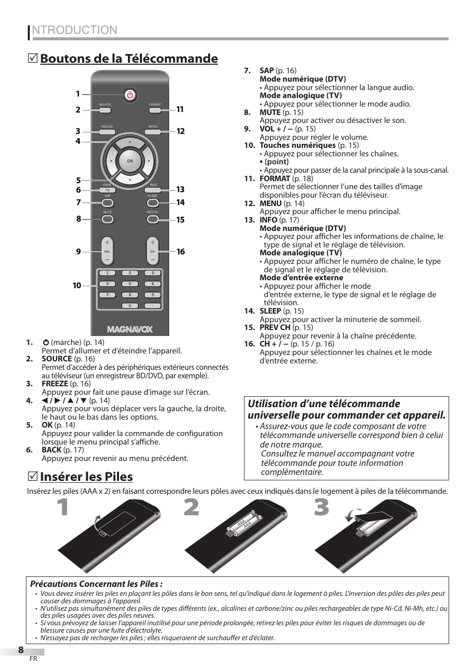 Ntroduction, Boutons de la télécommande 5, Insérer les piles | Philips Magnavox 42MF439B User Manual | Page 48 / 120