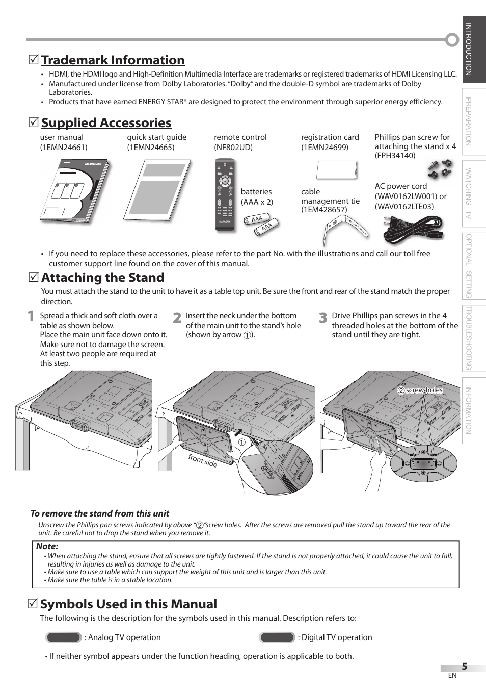 Supplied accessories 5, Attaching the stand, Symbols used in this manual | 5trademark information | Philips Magnavox 42MF439B User Manual | Page 5 / 120