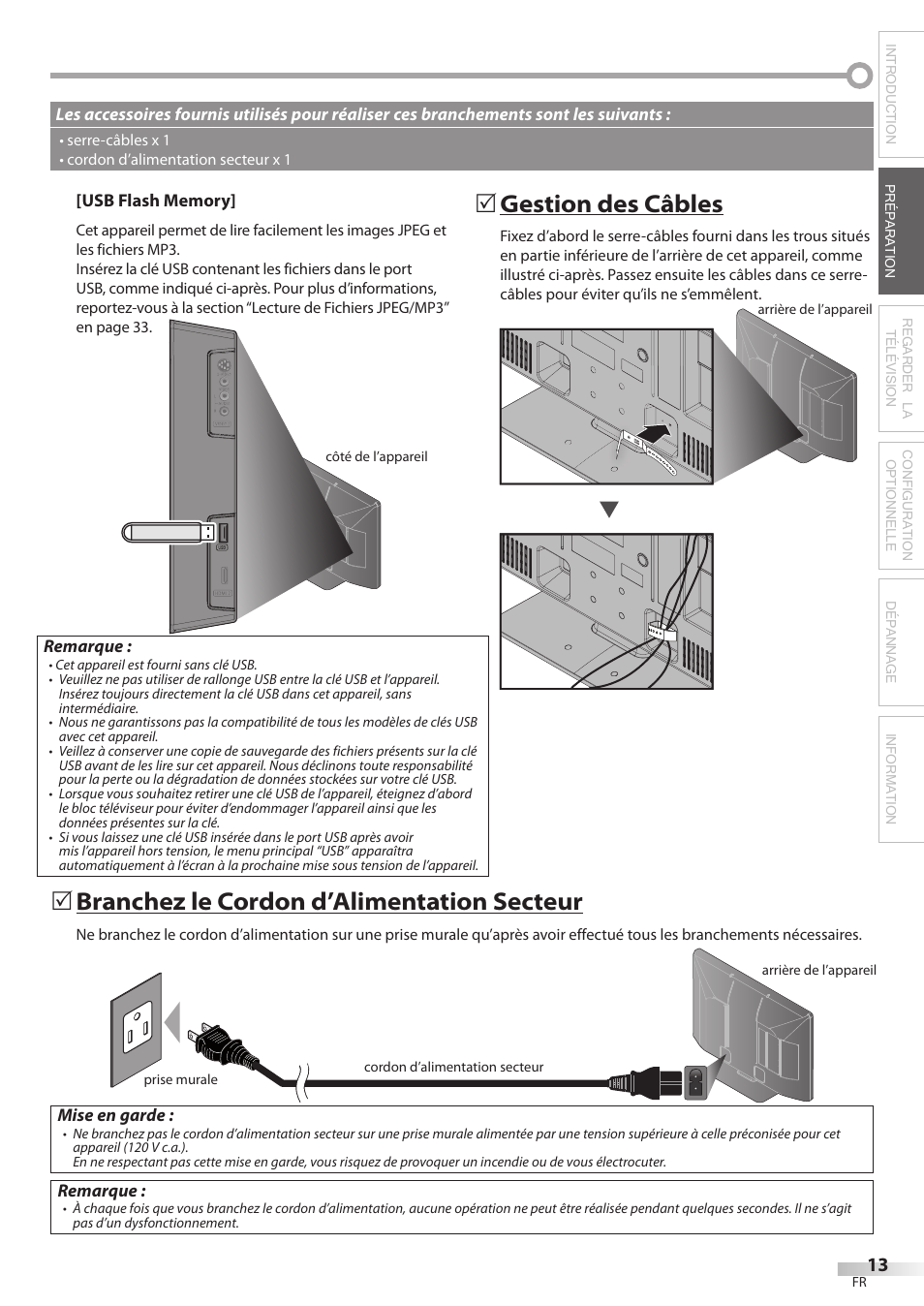 Gestion des câbles, Branchez le cordon d’alimentation secteur | Philips Magnavox 42MF439B User Manual | Page 53 / 120