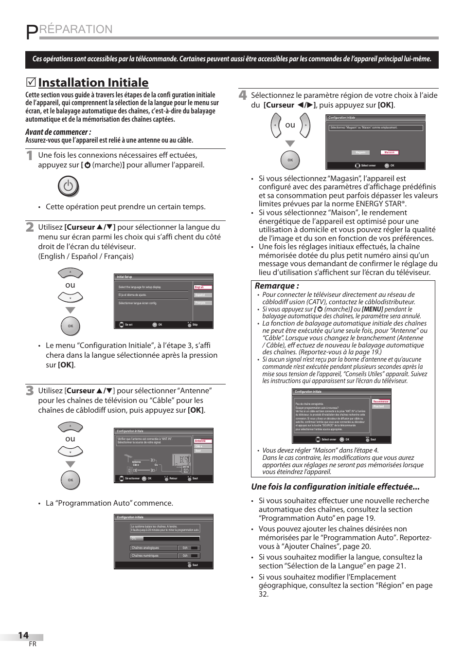 Réparation, Installation initiale, Avant de commencer | Remarque, Une fois la configuration initiale effectuée, La “programmation auto” commence | Philips Magnavox 42MF439B User Manual | Page 54 / 120