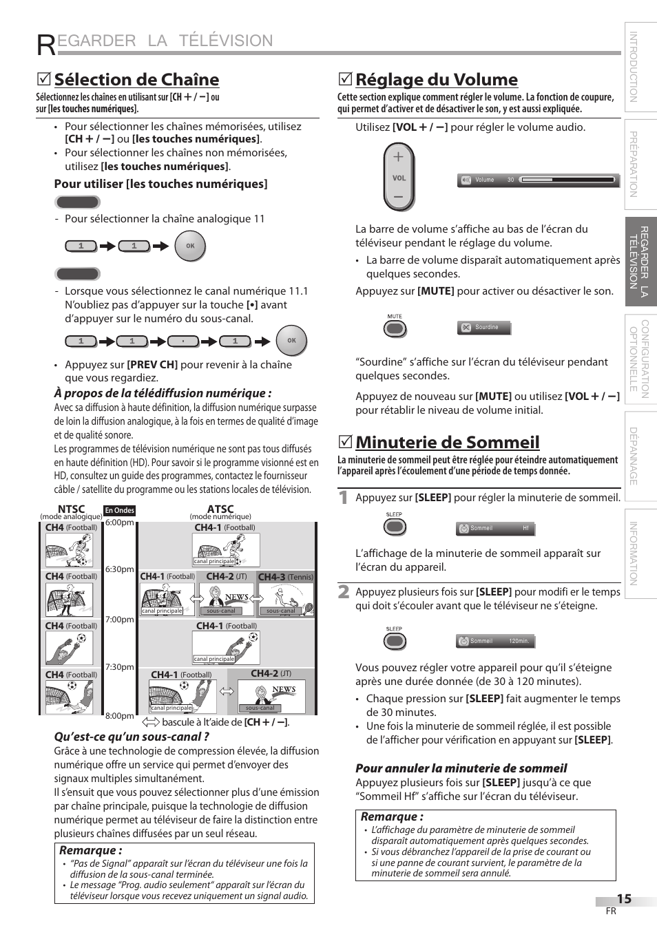 Egarder la télévision, Sélection de chaîne, Réglage du volume | Minuterie de sommeil | Philips Magnavox 42MF439B User Manual | Page 55 / 120