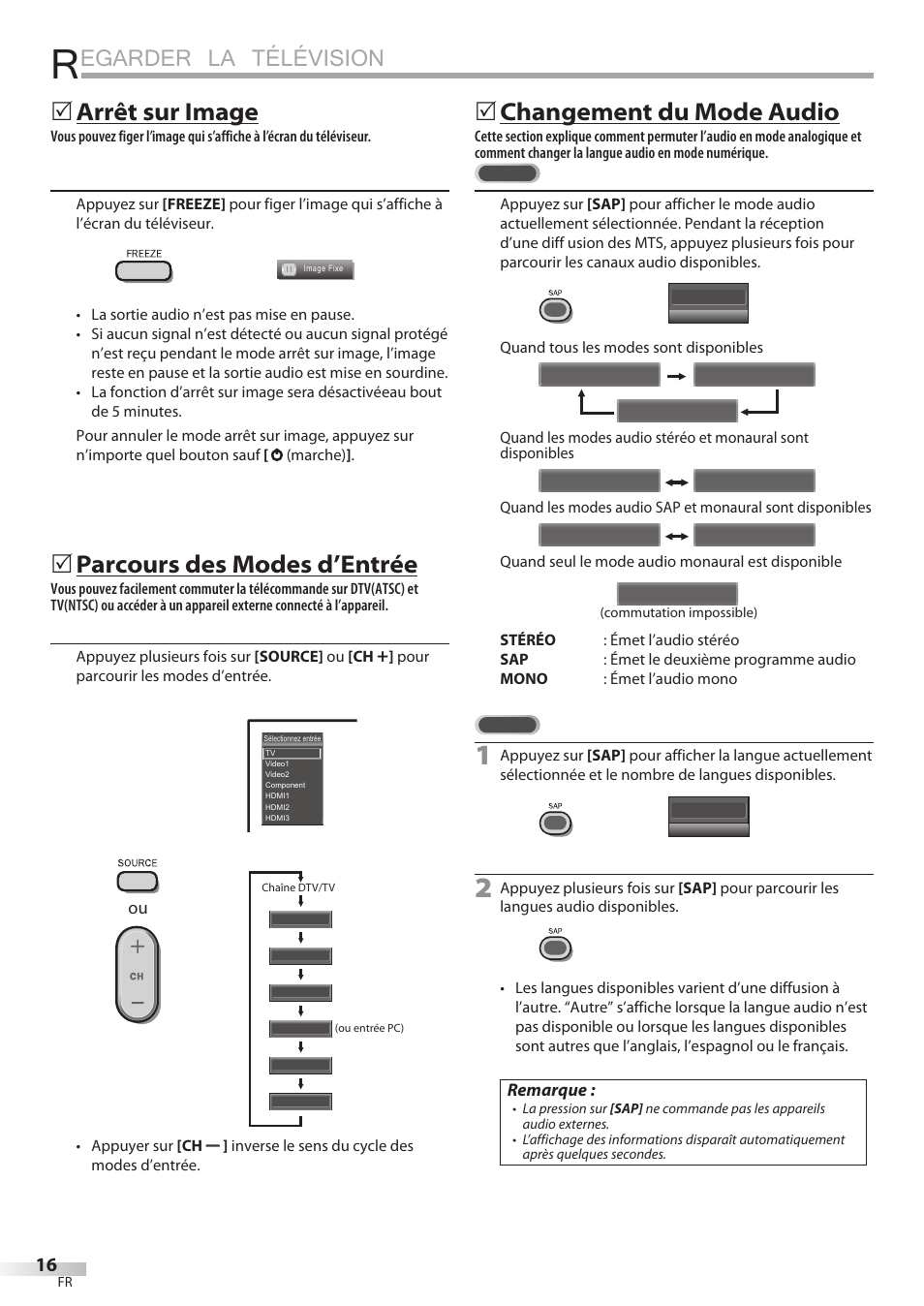 Egarder la télévision, Arrêt sur image, Parcours des modes d’entrée | Changement du mode audio | Philips Magnavox 42MF439B User Manual | Page 56 / 120