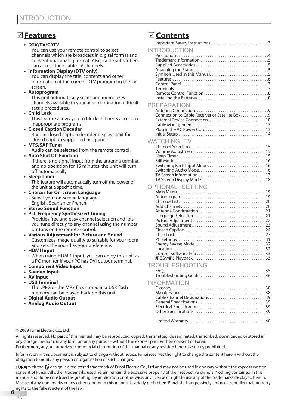 Ntroduction, Introduction, Preparation | Watching tv, Optional setting, Troubleshooting, Information, Features 5 contents 5 | Philips Magnavox 42MF439B User Manual | Page 6 / 120