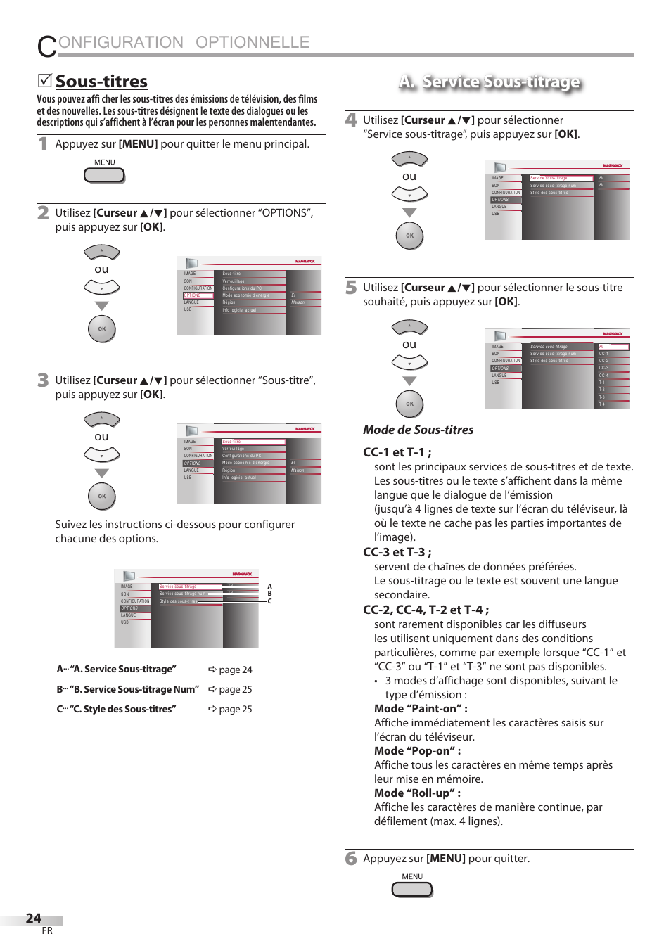 Onfiguration optionnelle, Sous-titres, 5a. service sous-titrage a. service sous-titrage | Mode de sous-titres cc-1 et t-1, Cc-3 et t-3, Cc-2, cc-4, t-2 et t-4, Appuyez sur [menu] pour quitter le menu principal, Appuyez sur [menu] pour quitter | Philips Magnavox 42MF439B User Manual | Page 64 / 120