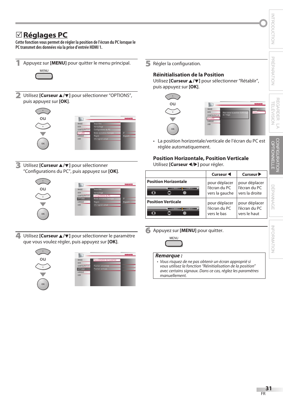 Réglages pc, Réinitialisation de la position, Position horizontale, position verticale | Remarque, Appuyez sur [menu] pour quitter le menu principal, Régler la configuration, Utilisez [curseur s / b ] pour régler, Appuyez sur [menu] pour quitter | Philips Magnavox 42MF439B User Manual | Page 71 / 120