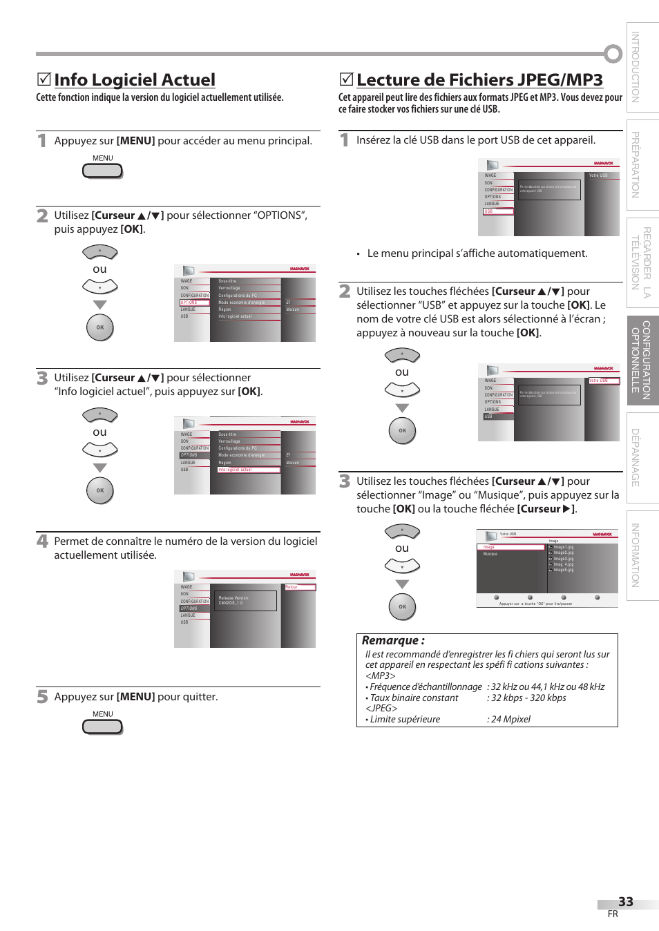 Info logiciel actuel, 5lecture de fichiers jpeg/mp3, Remarque | Appuyez sur [menu] pour accéder au menu principal, Appuyez sur [menu] pour quitter, Le menu principal s’affiche automatiquement | Philips Magnavox 42MF439B User Manual | Page 73 / 120