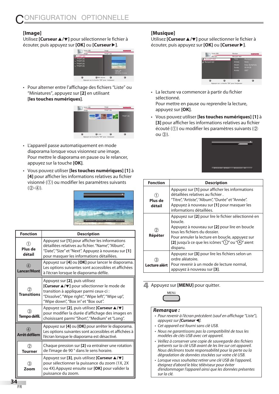 Onfiguration optionnelle, Image, Musique | Remarque, Ou modifier les paramètres suivants, Appuyez sur [menu] pour quitter | Philips Magnavox 42MF439B User Manual | Page 74 / 120