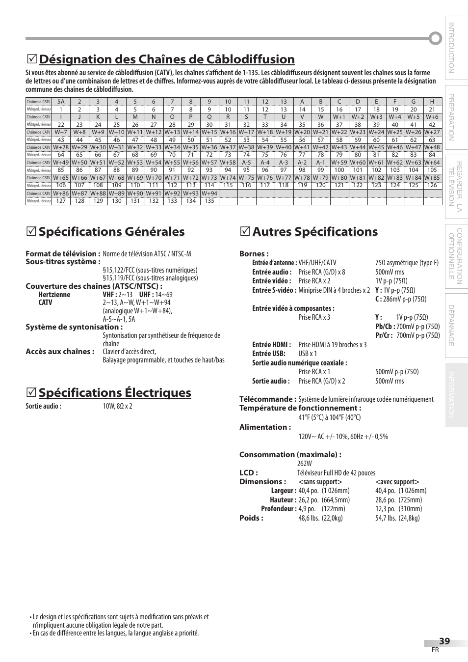 Spécifications générales, Spécifications électriques, 5autres spécifications | Désignation des chaînes de câblodiffusion 5 | Philips Magnavox 42MF439B User Manual | Page 79 / 120