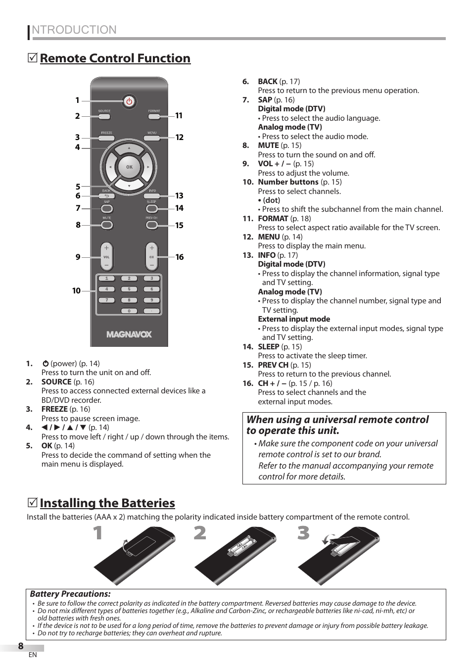 Ntroduction, Remote control function 5, Installing the batteries | Philips Magnavox 42MF439B User Manual | Page 8 / 120