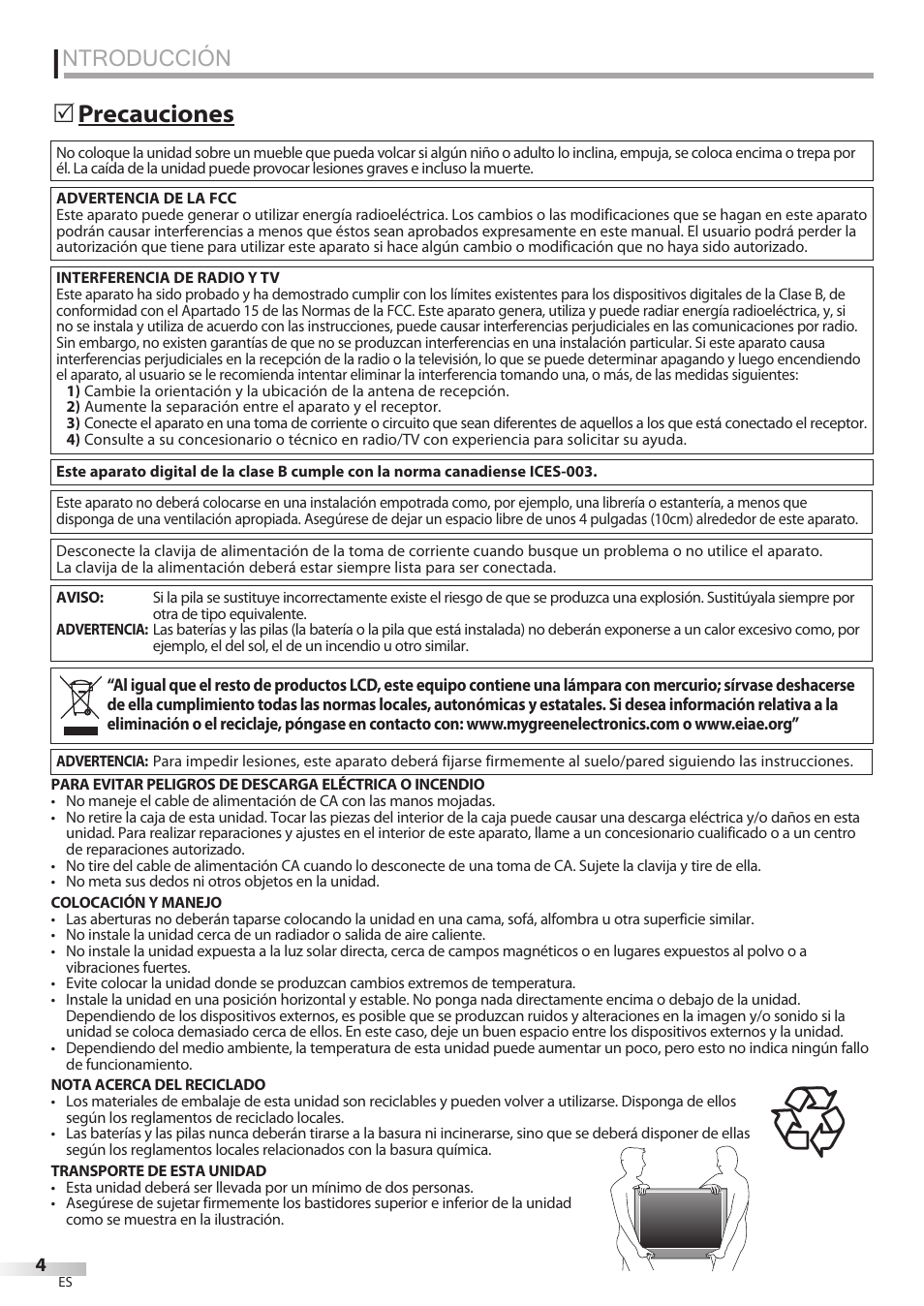 Ntroducción, Precauciones 5 | Philips Magnavox 42MF439B User Manual | Page 84 / 120