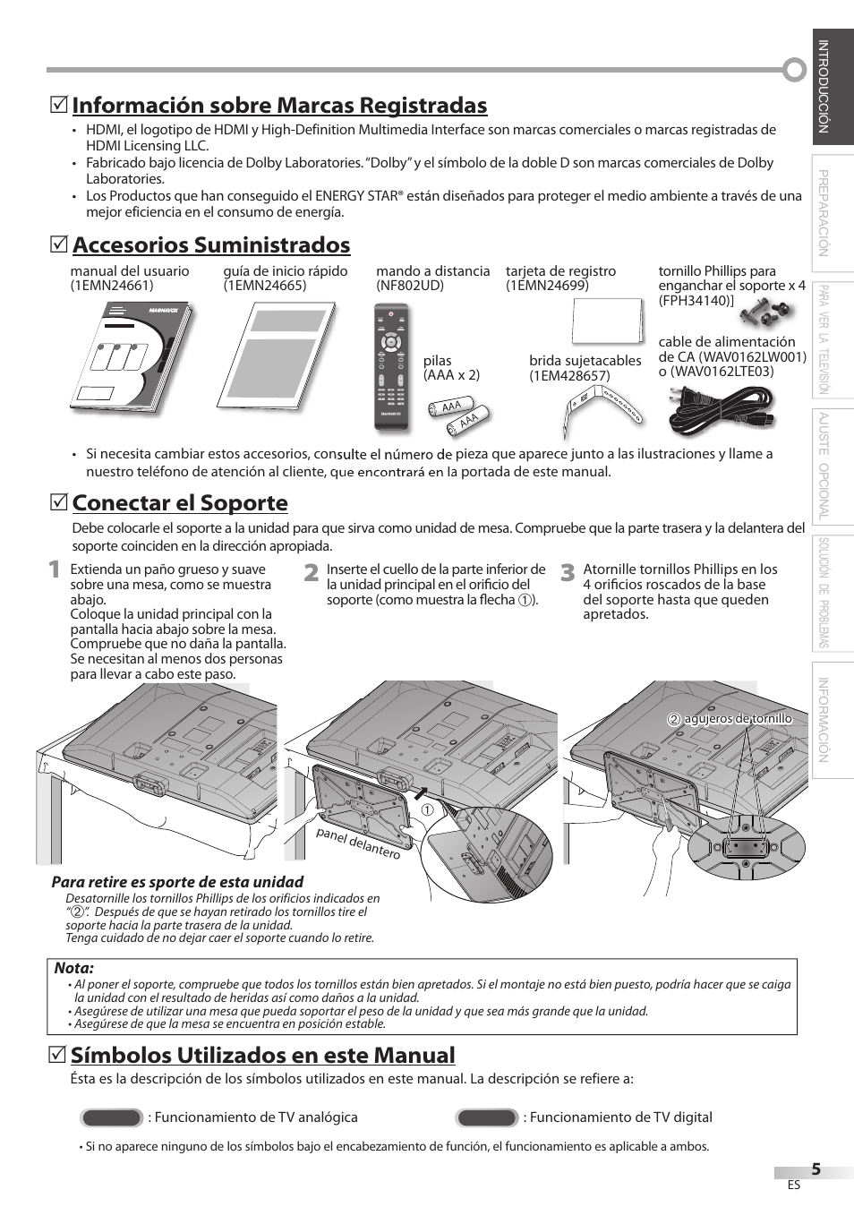 Información sobre marcas registradas, Accesorios suministrados 5, Conectar el soporte | Símbolos utilizados en este manual | Philips Magnavox 42MF439B User Manual | Page 85 / 120