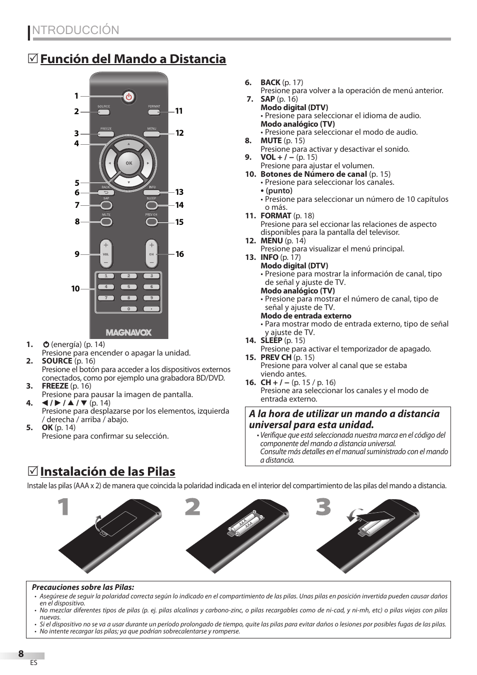 Ntroducción, Función del mando a distancia 5, Instalación de las pilas | Philips Magnavox 42MF439B User Manual | Page 88 / 120