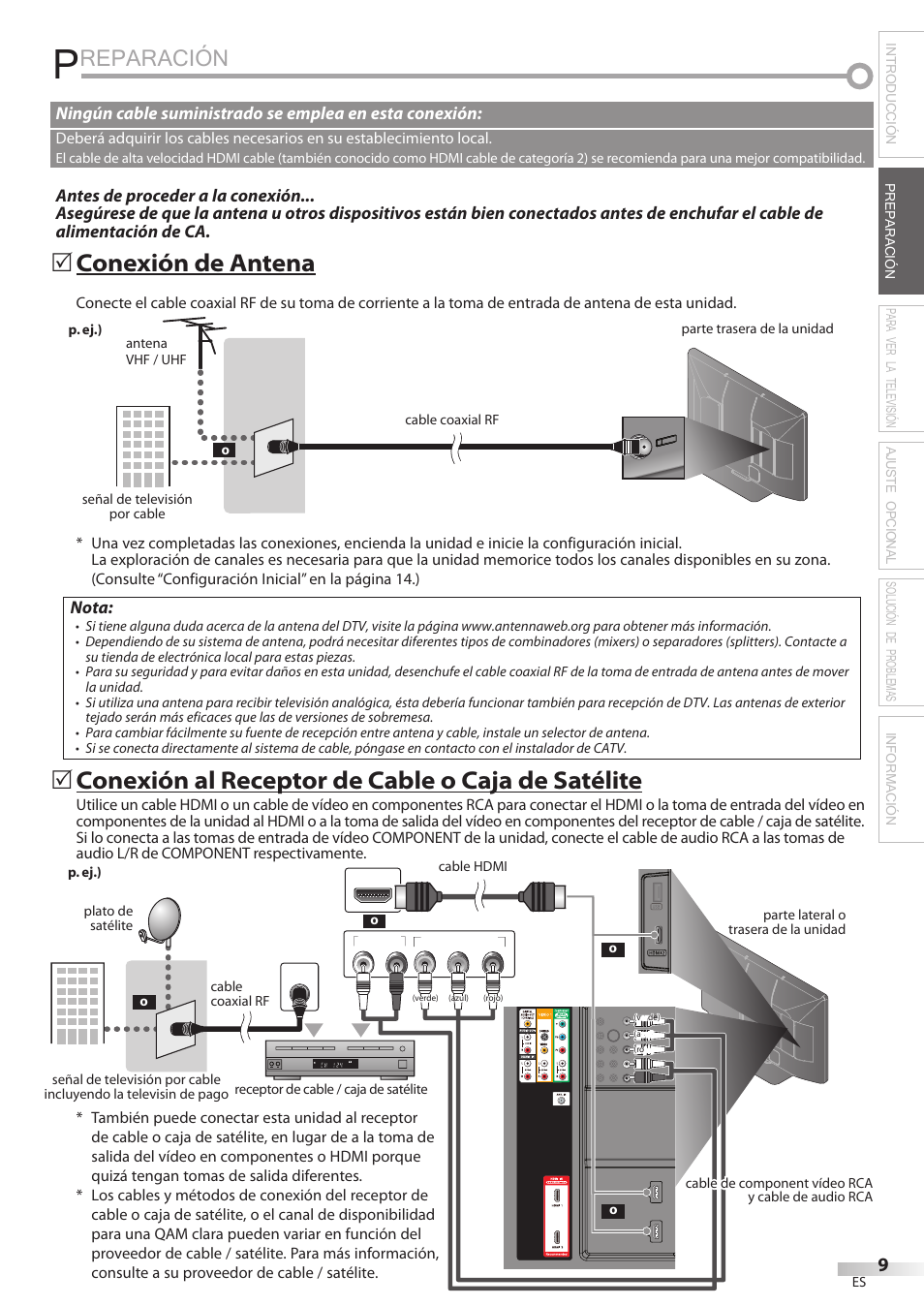 Reparación, Conexión de antena, Conexión al receptor de cable o caja de satélite | Philips Magnavox 42MF439B User Manual | Page 89 / 120