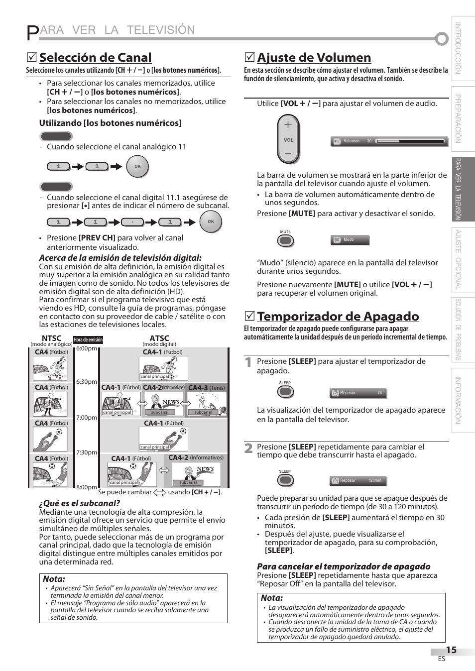 Ara ver la televisión, Selección de canal, Ajuste de volumen | Temporizador de apagado | Philips Magnavox 42MF439B User Manual | Page 95 / 120