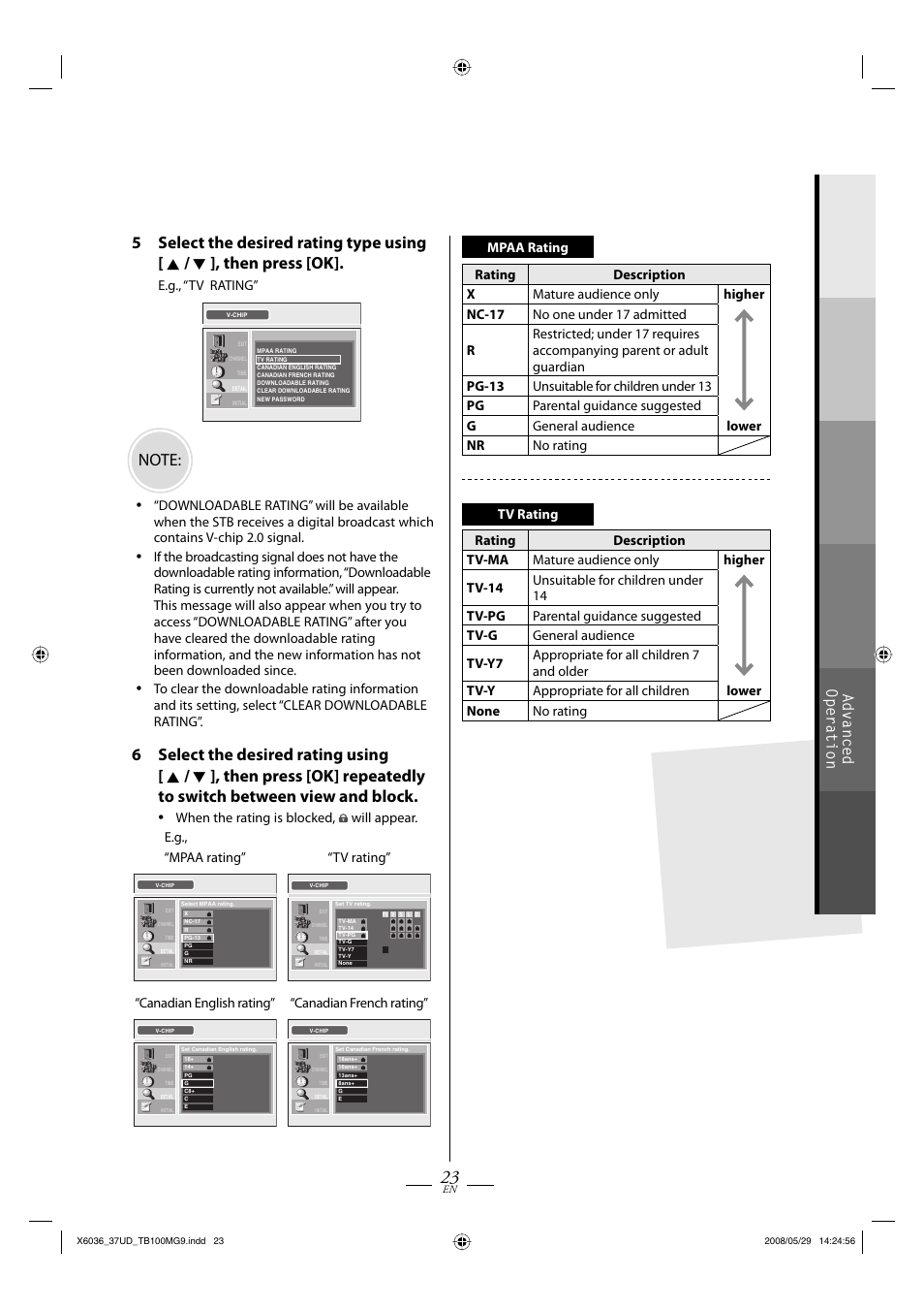 Advanced operation, E.g., “tv rating, Canadian english rating” “canadian french rating | Philips Magnavox TB100MG9 User Manual | Page 23 / 32