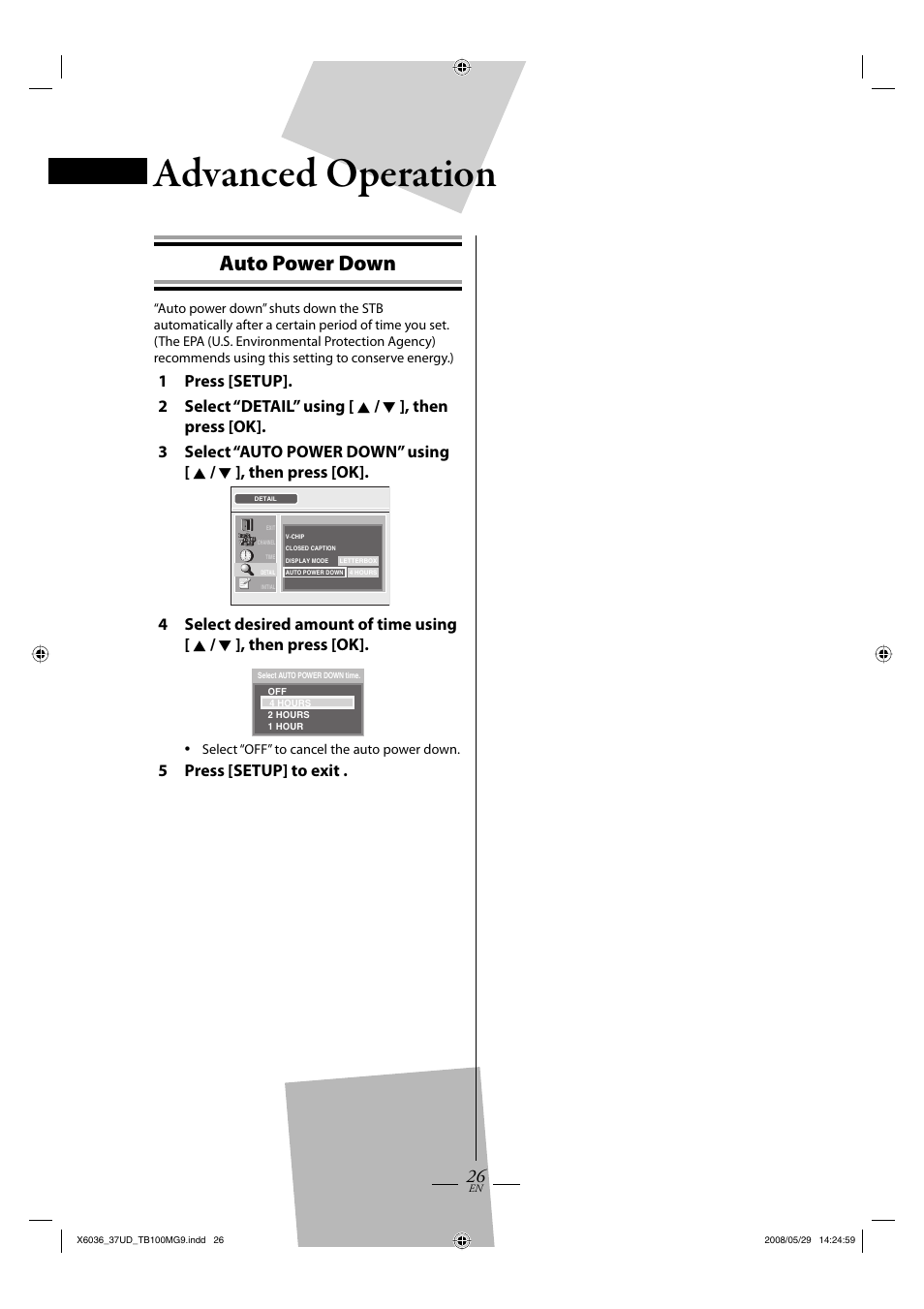 Advanced operation, Auto power down, 5 press [setup] to exit | Philips Magnavox TB100MG9 User Manual | Page 26 / 32