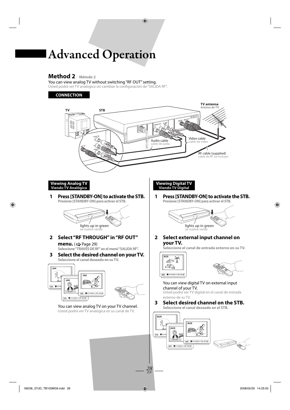 Advanced operation, Method 2, 1press [standby-on] to activate the stb | 2 select external input channel on your tv, 3 select desired channel on the stb, 2 select “rf through” in “rf out” menu, 3 select the desired channel on your tv | Philips Magnavox TB100MG9 User Manual | Page 28 / 32