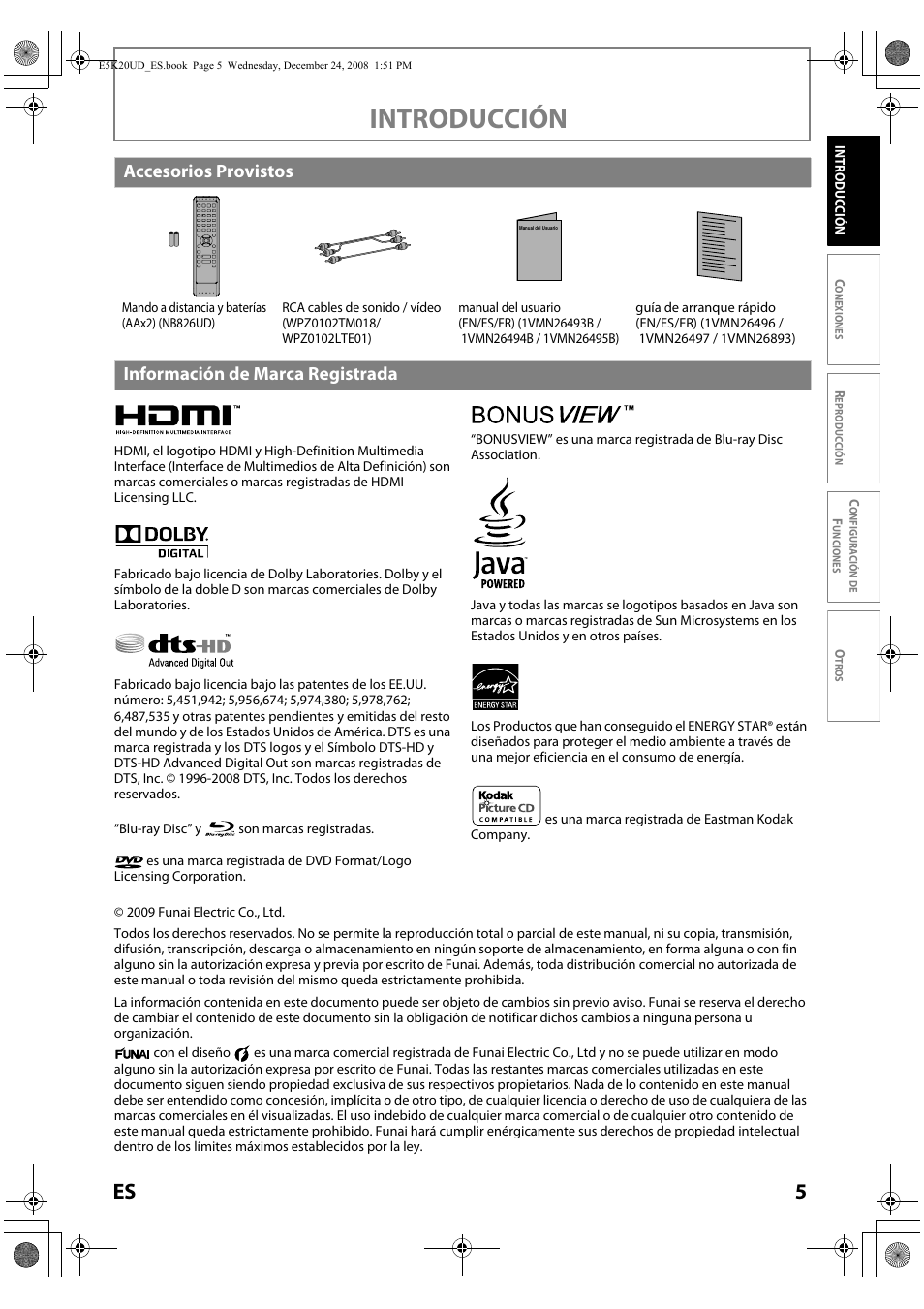 Introducción, Accesorios provistos, Información de marca registrada | Philips Magnavox NB530MGX User Manual | Page 107 / 150