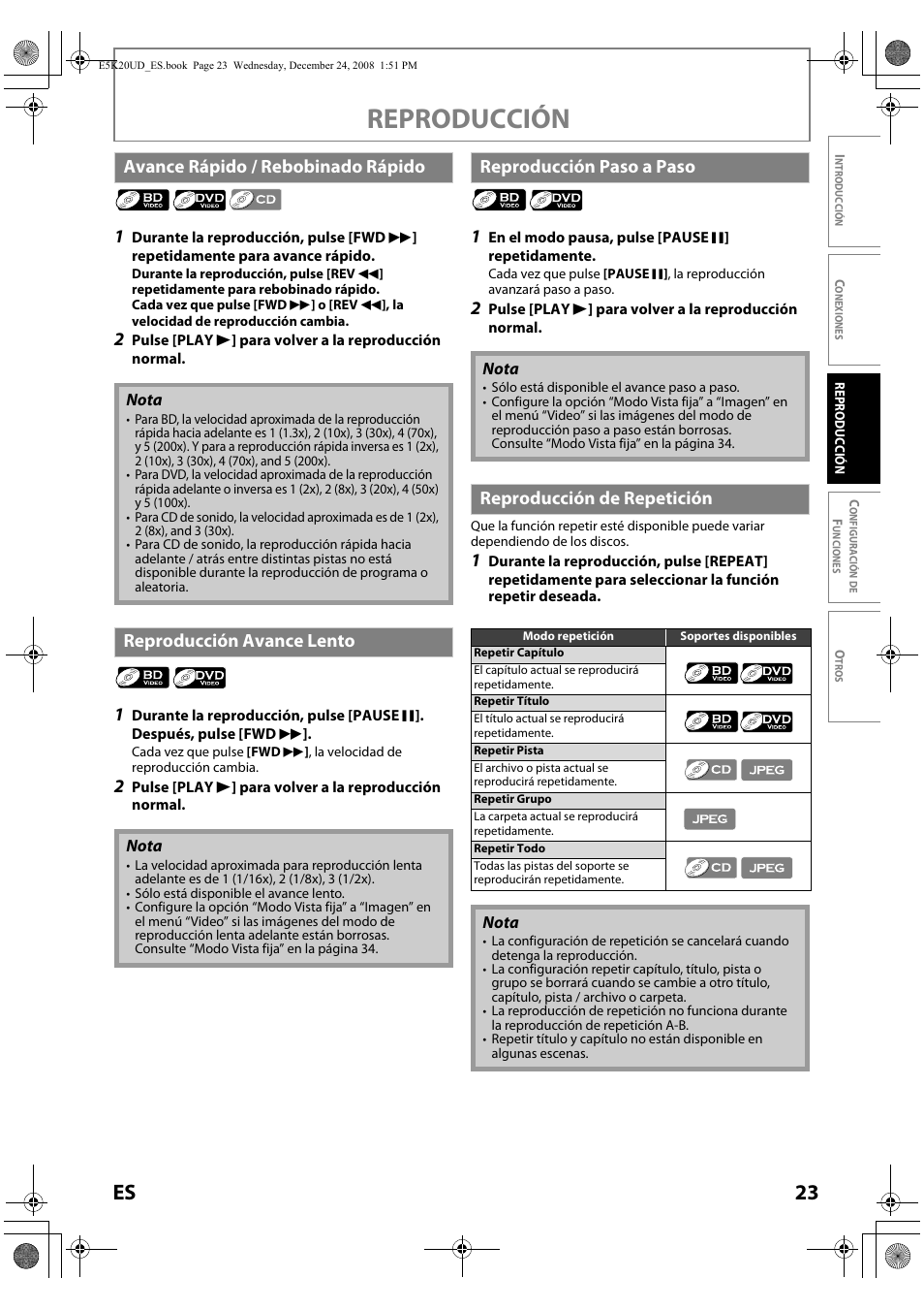 Reproducción, 23 es, Avance rápido / rebobinado rápido | Reproducción avance lento, Reproducción paso a paso, Reproducción de repetición | Philips Magnavox NB530MGX User Manual | Page 125 / 150