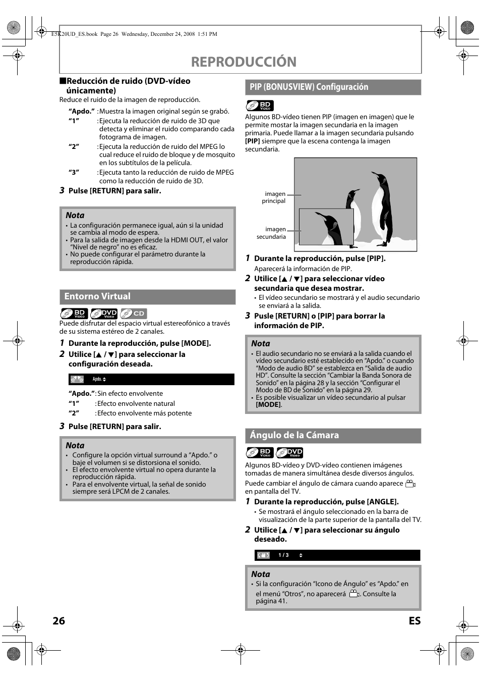 Reproducción, 26 es, Entorno virtual | Pi p (bonusview) configuración, Ángulo de la cámara | Philips Magnavox NB530MGX User Manual | Page 128 / 150