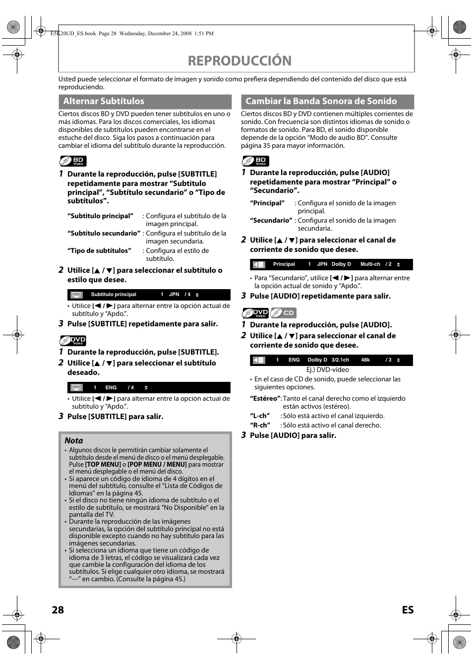 Reproducción, 28 es, Alternar subtítulos | Cambiar la banda sonora de sonido | Philips Magnavox NB530MGX User Manual | Page 130 / 150