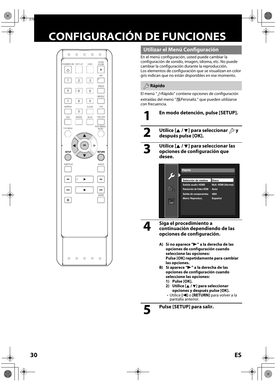 Configuración de funciones, Utilizar el menú configuración, Rápido | 30 es | Philips Magnavox NB530MGX User Manual | Page 132 / 150