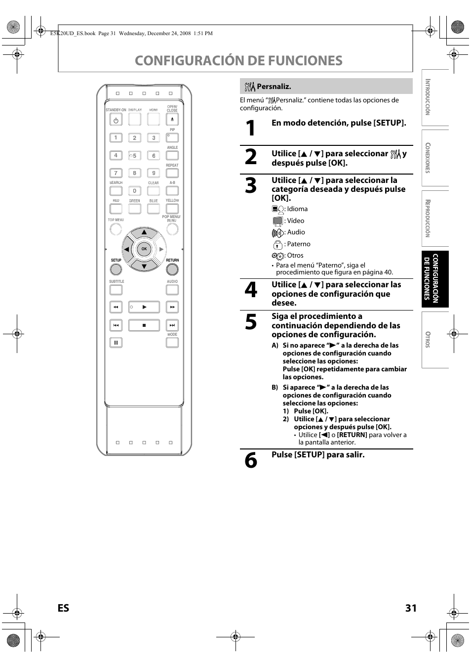 Persnaliz, Configuración de funciones, 31 es | Philips Magnavox NB530MGX User Manual | Page 133 / 150