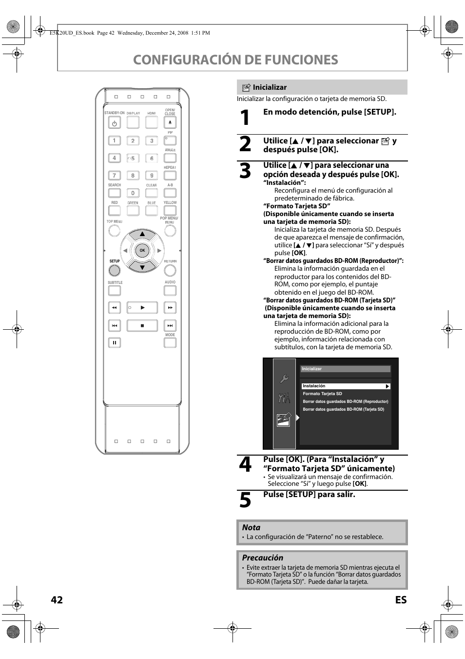 Inicializar, Configuración de funciones, 42 es | Philips Magnavox NB530MGX User Manual | Page 144 / 150