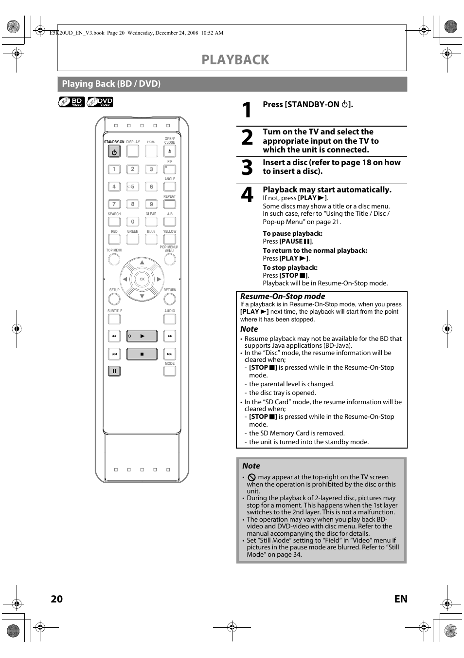 Playing back (bd / dvd), Playback, 20 en | Philips Magnavox NB530MGX User Manual | Page 22 / 150