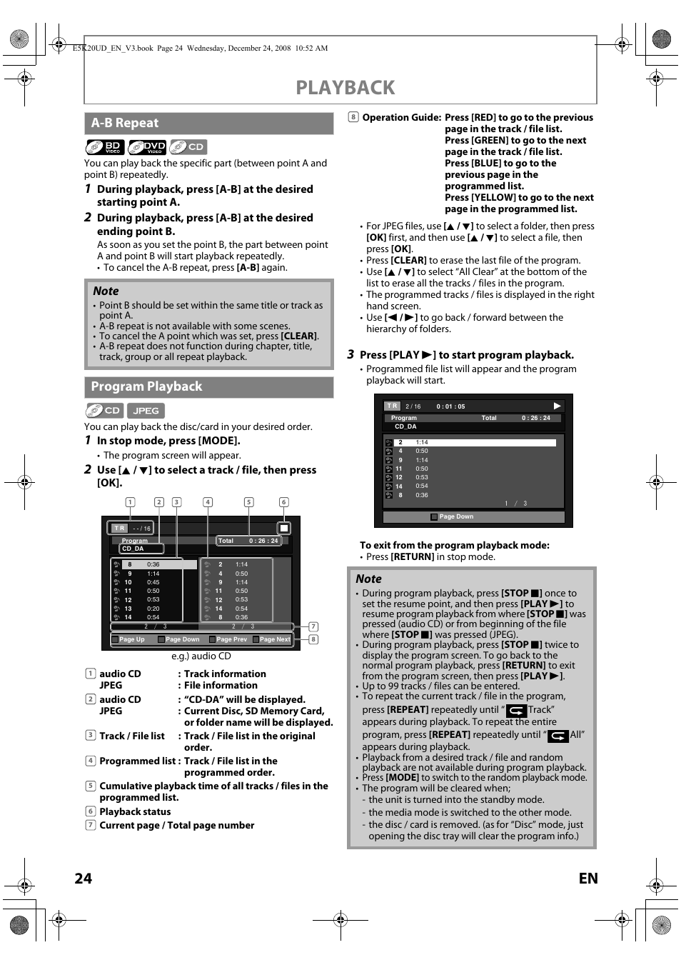 A-b repeat program playback, Playback, 24 en | A-b repeat, Program playback | Philips Magnavox NB530MGX User Manual | Page 26 / 150