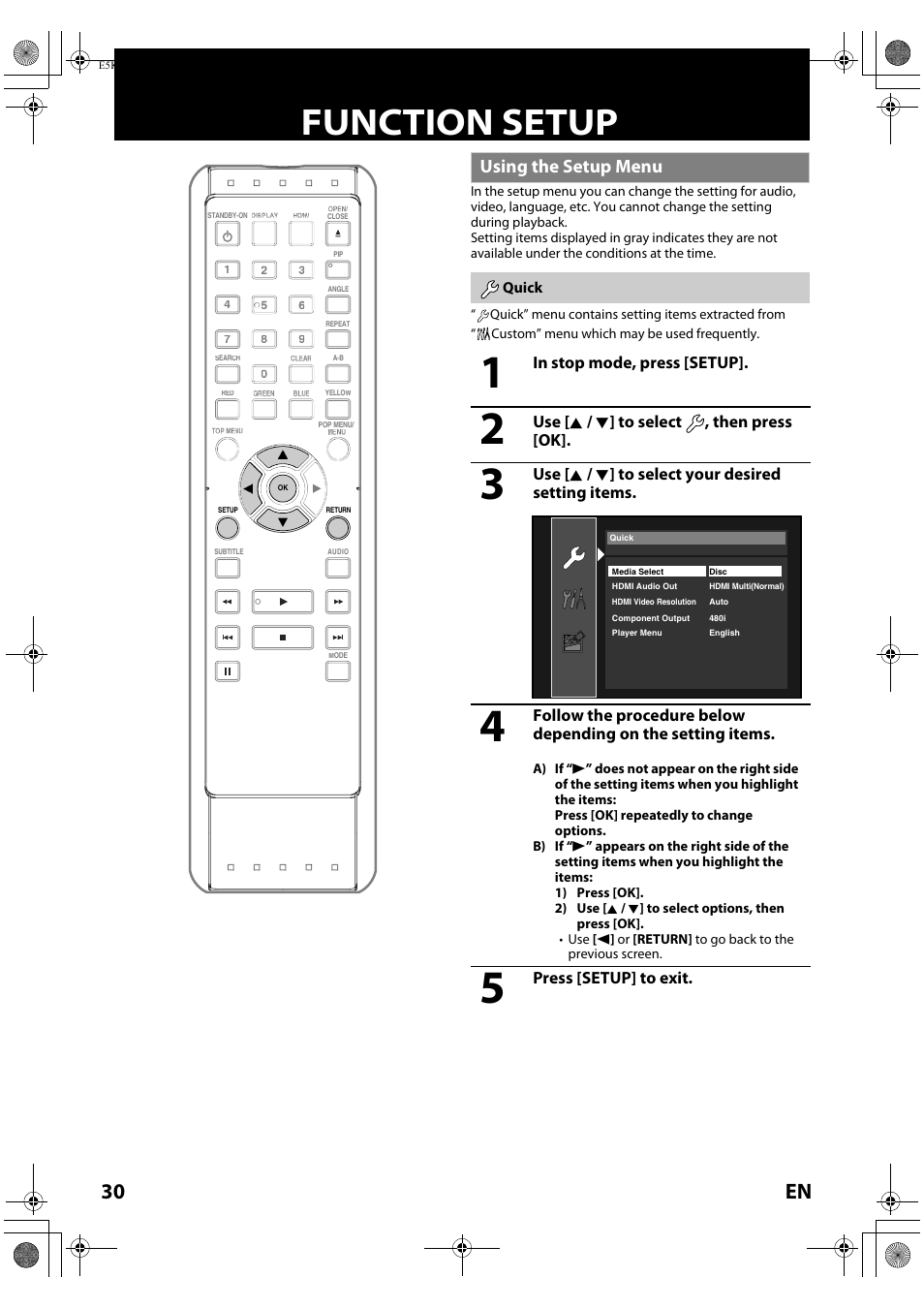 Function setup, Using the setup menu, Quick | Ion setup, 30 en | Philips Magnavox NB530MGX User Manual | Page 32 / 150