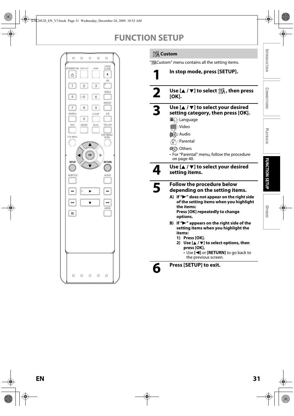 Custom, Function setup, 31 en | Philips Magnavox NB530MGX User Manual | Page 33 / 150