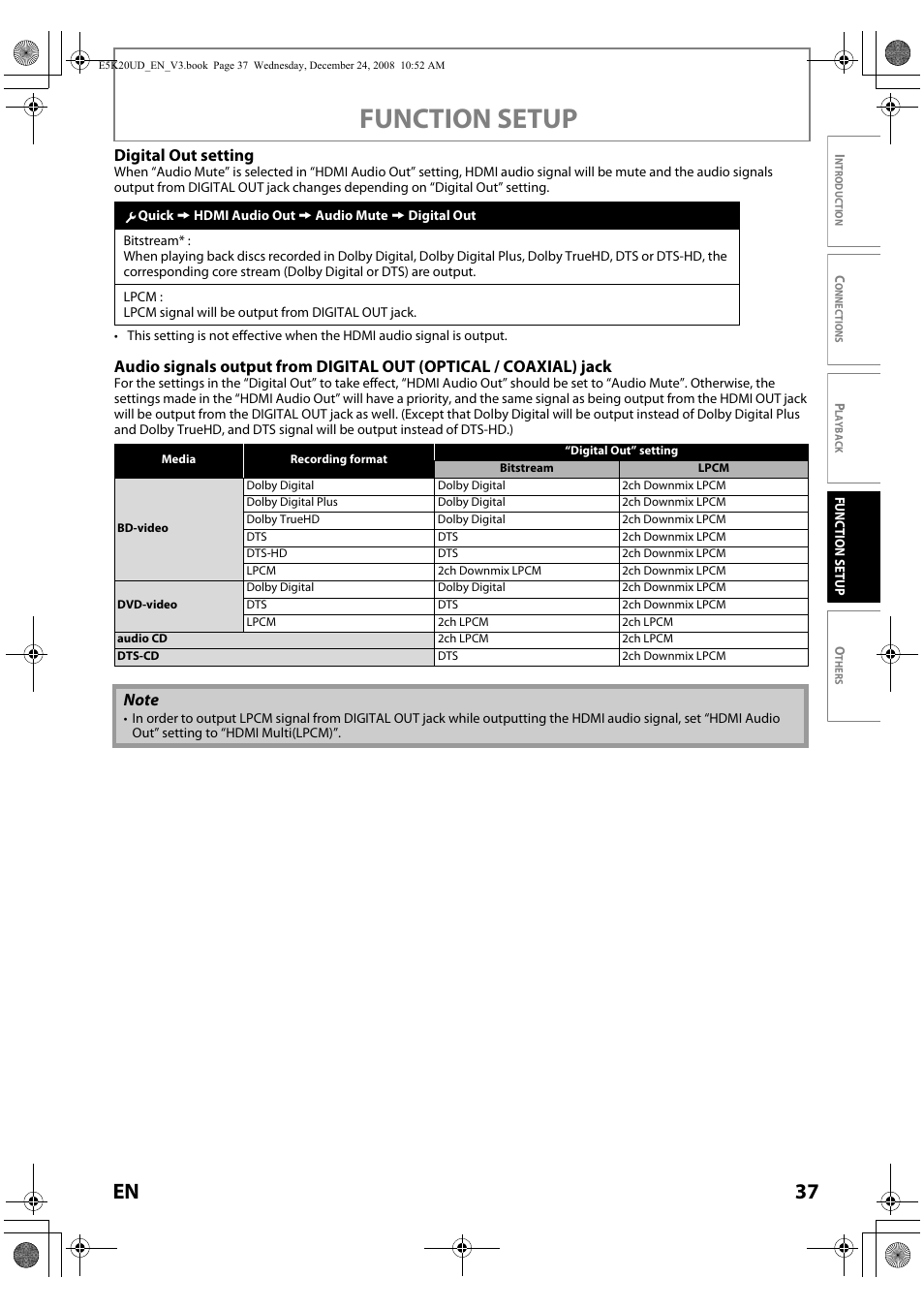 Function setup, 37 en, Digital out setting | Philips Magnavox NB530MGX User Manual | Page 39 / 150