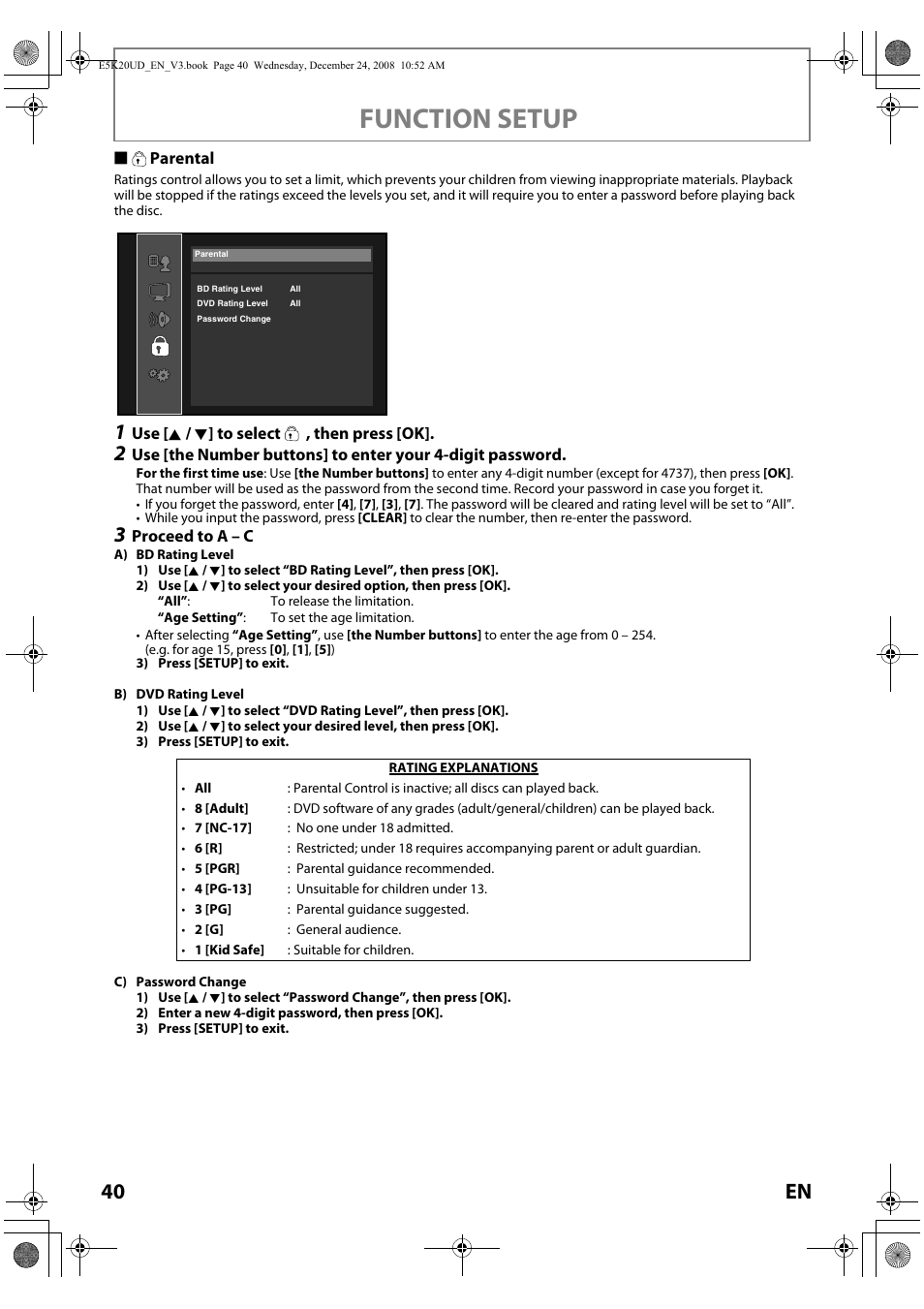 Parental, Function setup, 40 en | Philips Magnavox NB530MGX User Manual | Page 42 / 150