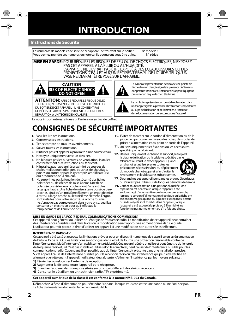 Introduction, Consignes de sécurité importantes, Instructions de sécurité | Attention, Caution risk of electric shock do not open | Philips Magnavox NB530MGX User Manual | Page 54 / 150