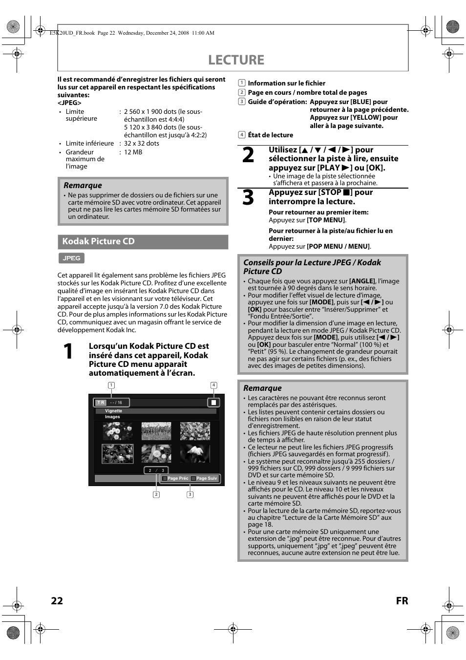 Kodak picture cd, Lecture, 22 fr | Philips Magnavox NB530MGX User Manual | Page 74 / 150