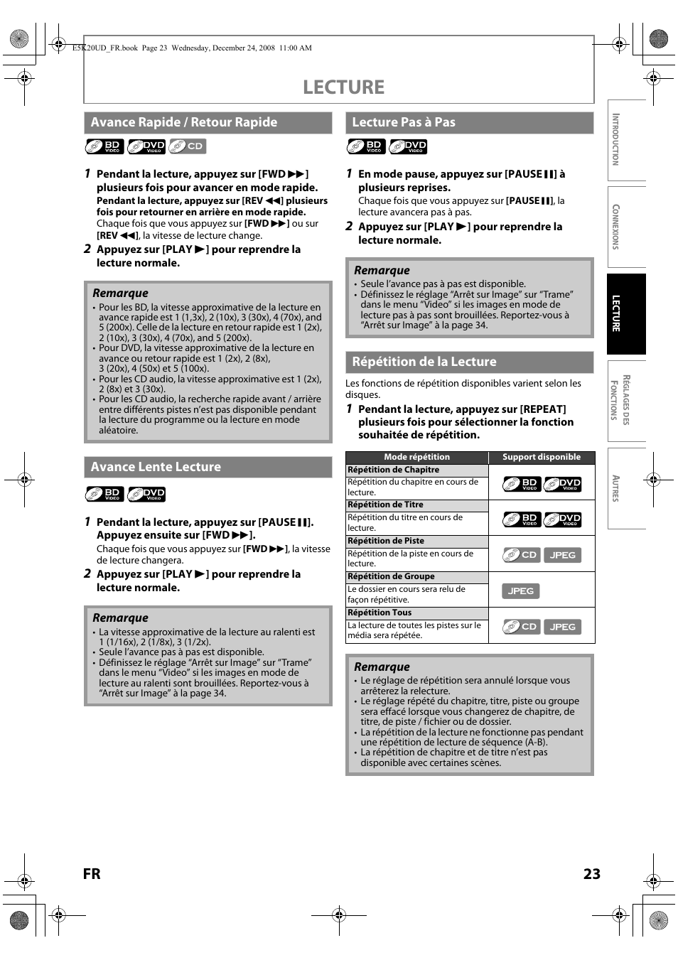 Lecture, 23 fr, Avance rapide / retour rapide | Avance lente lecture, Lecture pas à pas, Répétition de la lecture | Philips Magnavox NB530MGX User Manual | Page 75 / 150