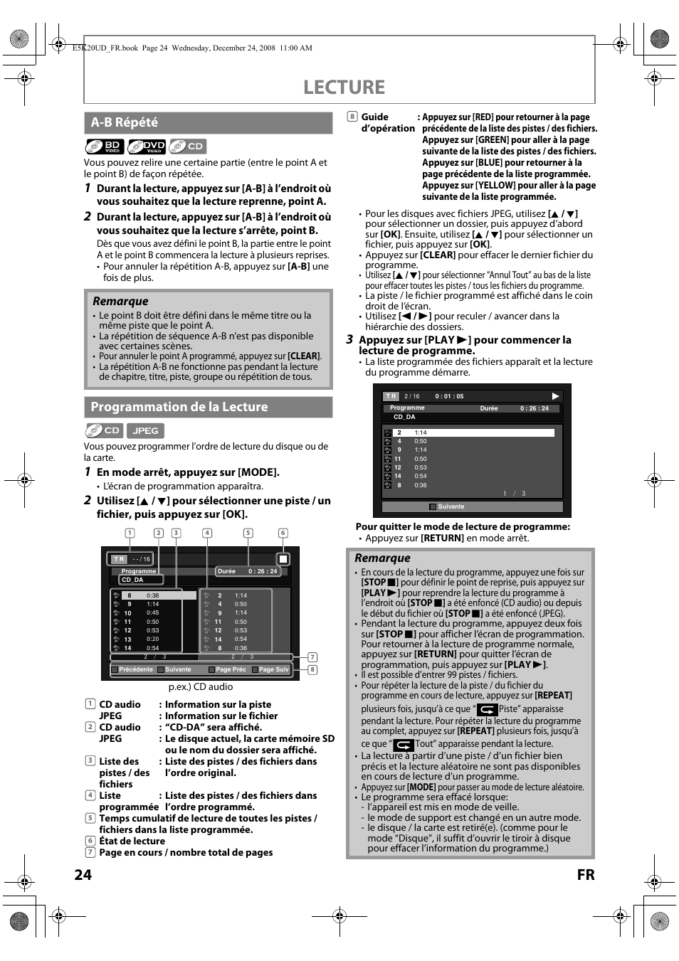 A-b répété programmation de la lecture, Lecture, 24 fr | A-b répété, Programmation de la lecture, Remarque | Philips Magnavox NB530MGX User Manual | Page 76 / 150