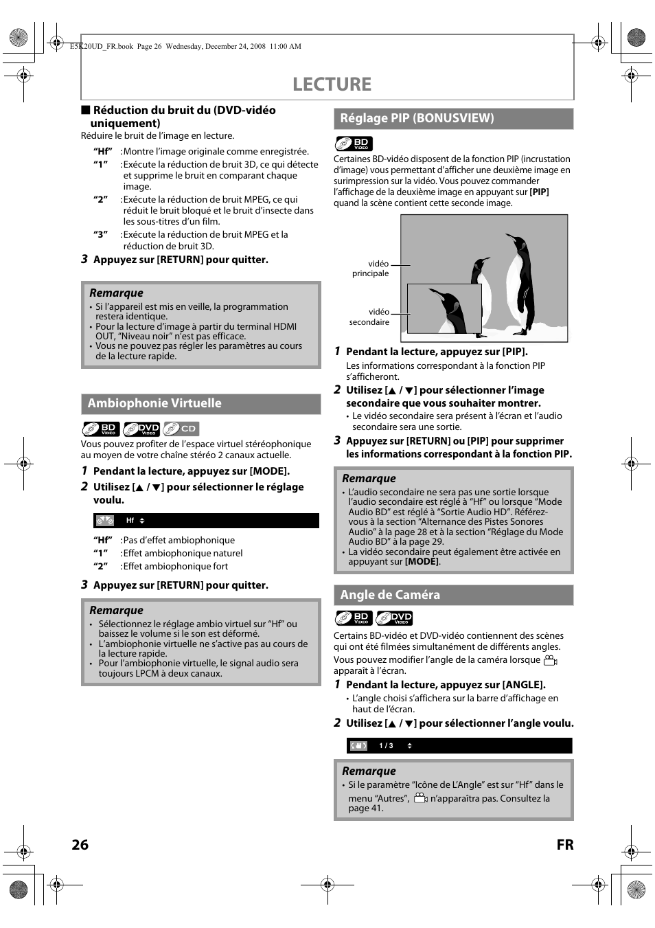 Lecture, 26 fr, Ambiophonie virtuelle | Réglage pip (bonusview), Angle de caméra | Philips Magnavox NB530MGX User Manual | Page 78 / 150