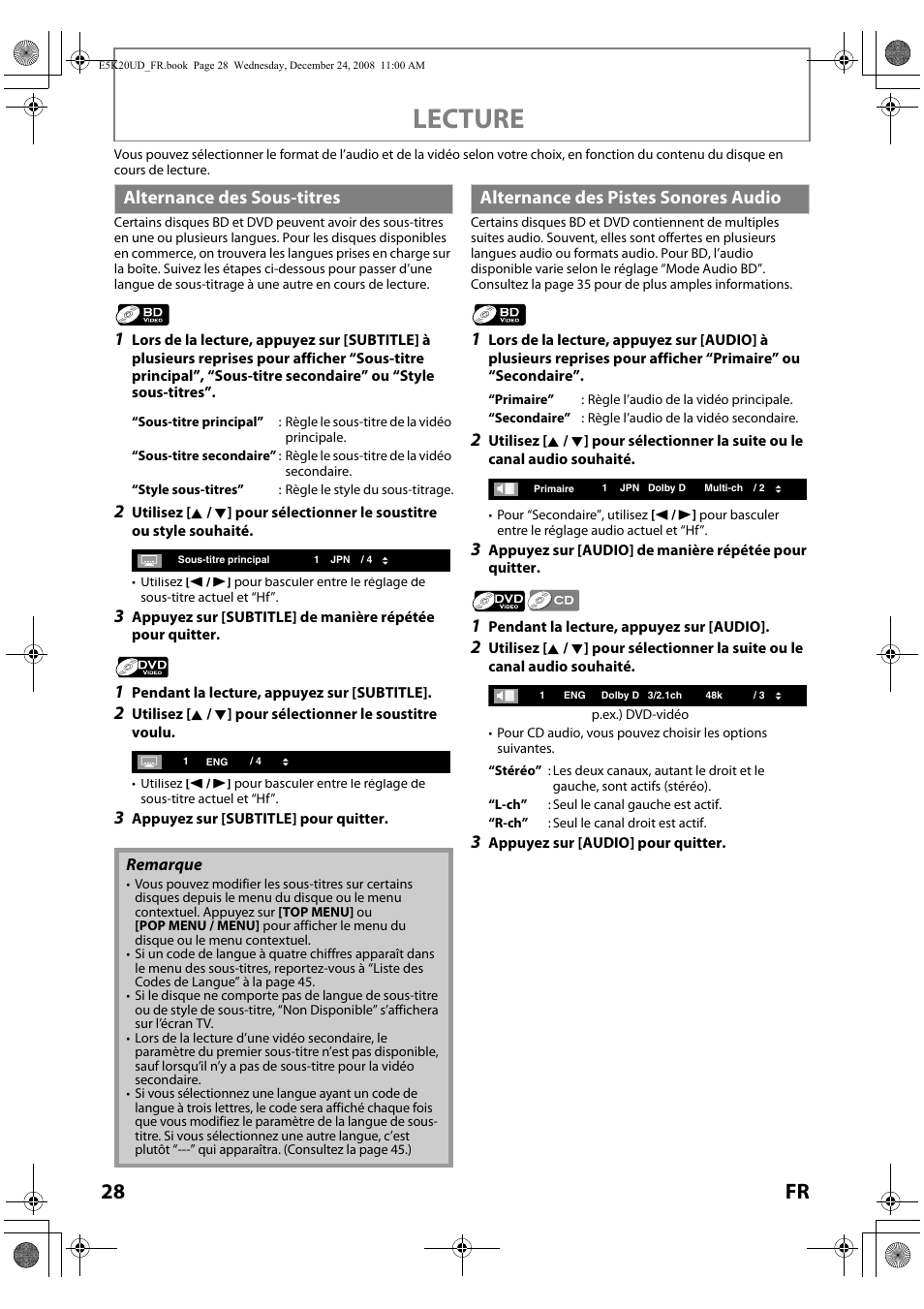 Lecture, 28 fr, Alternance des sous-titres | Alternance des pistes sonores audio | Philips Magnavox NB530MGX User Manual | Page 80 / 150