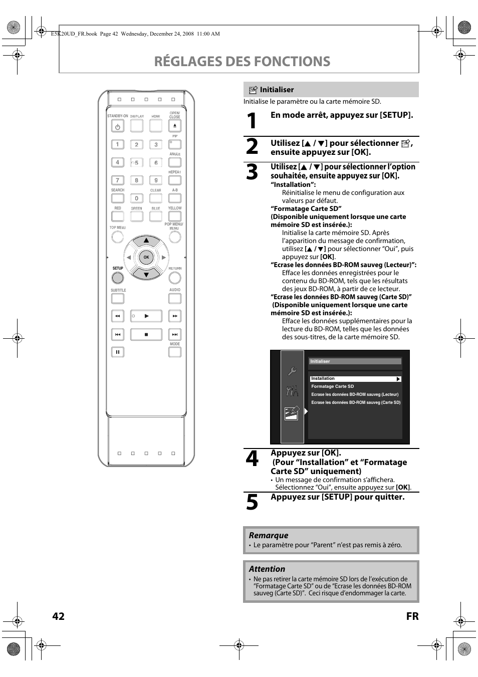 Initialiser, Réglages des fonctions, 42 fr | Philips Magnavox NB530MGX User Manual | Page 94 / 150