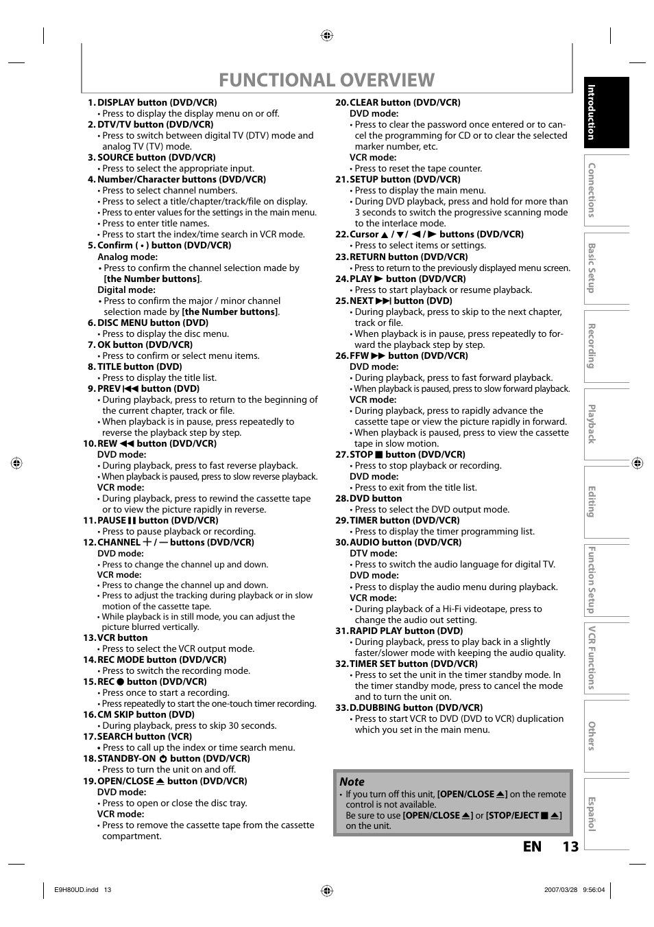 Functional overview, 13 en 13 en | Philips Magnavox ZV450MW8A User Manual | Page 13 / 104