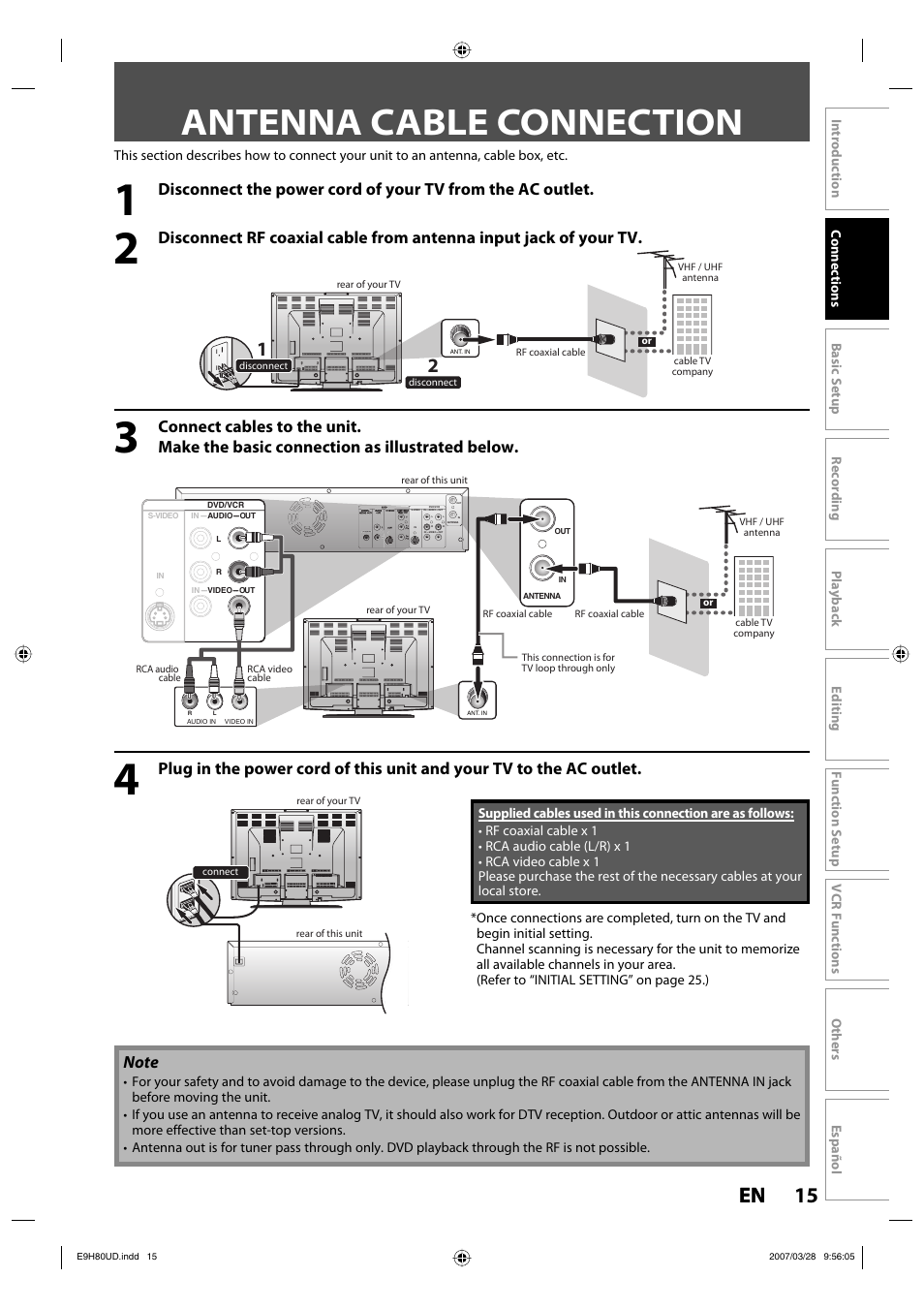 Antenna cable connection, 15 en 15 en | Philips Magnavox ZV450MW8A User Manual | Page 15 / 104